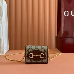 Gucci Beige GG Mini Chain Wallet with Brown Leather and Gold Hardware